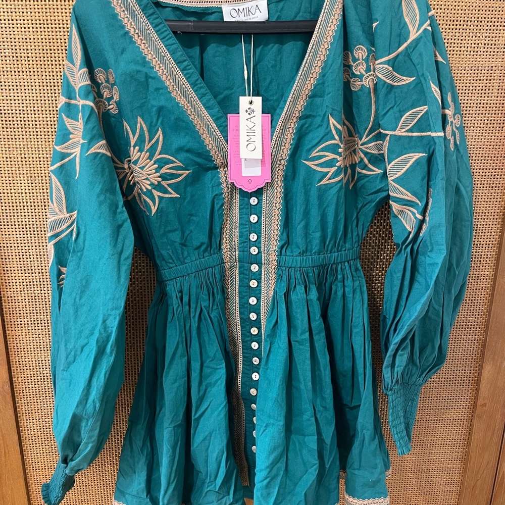 Omika Teal Floral Embroidered Mini Dress